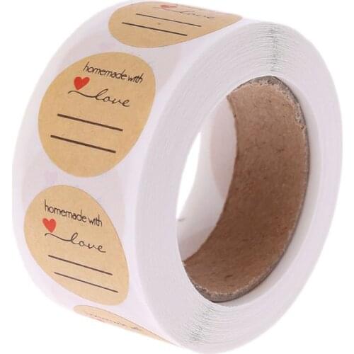1 Roll/500pcs 25mm Round Kraft Paper Handmade With Love Sealing Stickers Candy Bag Label Packing Gift DIY Labels Sticker