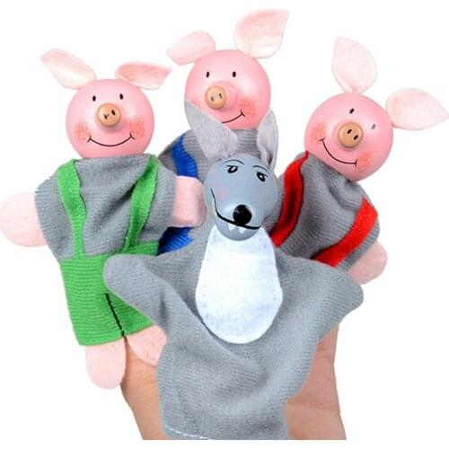 4PCS Three Little Pigs And Wolf Finger Puppets Hand Puppets Christmas Gifts Cute Cartoon Animal Plush Toys Child Baby Boys Girls