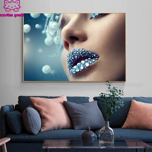 Diy Diamond Painting Blue Diamond Lip Makeup Woman Diamond Embroidery Full square round drilling 5d Diamond Mosaic kits