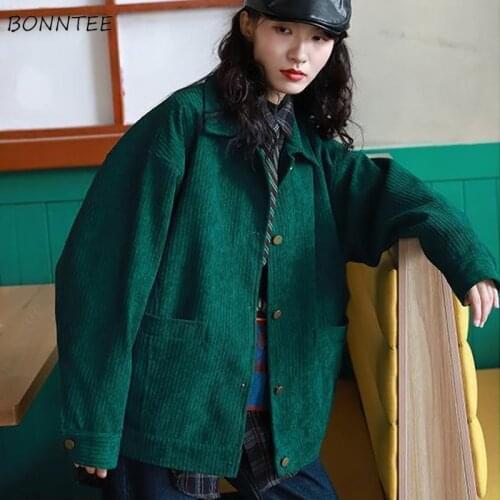 Basic Jackets Women Solid Corduroy Vintage Leisure Loose All-match Fashion Female Clothing Comfortable Turn-down Collar Ulzzang