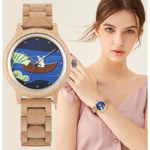 Women Full Wood Watch Lovely Lotus Leaf Dial Quartz Minimalist Watches Ladies Wooden Band Fold Buckle with Manual Strap Adjuster