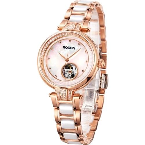ROSDN Womens Watches Luxury Brand Japan Automatic Mechanical Watch Women Diamond Double Skeleton Sapphire 50M Waterproor R2619