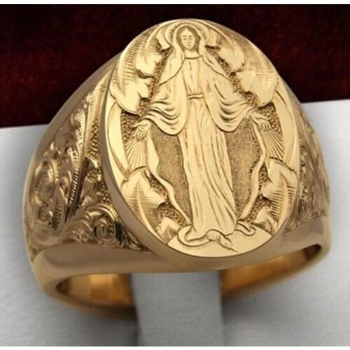 Virgin Mary Pattern Design Ring Gold Color Mens Religion Ring Believer Pray Keepsake Jewelry Finger Accessories Birthday Gifts
