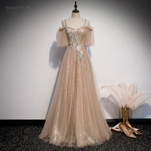Champagne Long A Line Prom Dresses With Beads 3D Flower Lace Up Sexy Prom Evening Gown JQ786