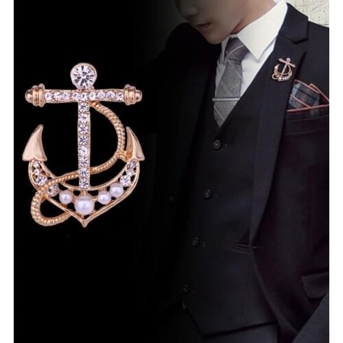 Korean Fashion Pearl Anchor Brooch Pin Rhinestone Crystal Lapel Pins Mens Suit Shirt Collar Badge Luxulry Jewelry Accessories