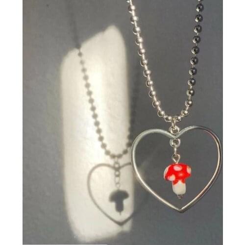 Fashion Fine Chic Resin Cute Small Mushroom Necklaces Pendant Trendy Punk Silver Color Beaded Chain For Women Necklace bijoux