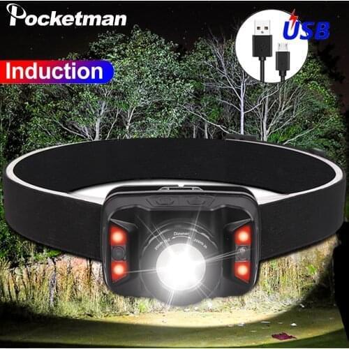 Powerful Headlamp Body Motion Sensor Headlight USB Rechargeable Head Light Zoom Head Front Light Waterproof Head Lamp