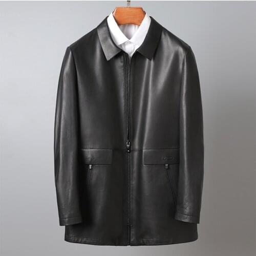 Genuine Cow Leather Clothes Men Fashion Long Type Lapel Business Casual Jacket Slim Coats
