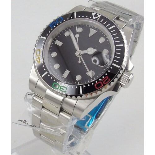 40MM Sterile Black Dial Sapphire glass Date Luminous Ceraimc Bezel Steel Bracelet Silver GMT Automatic Movement Mens Watch