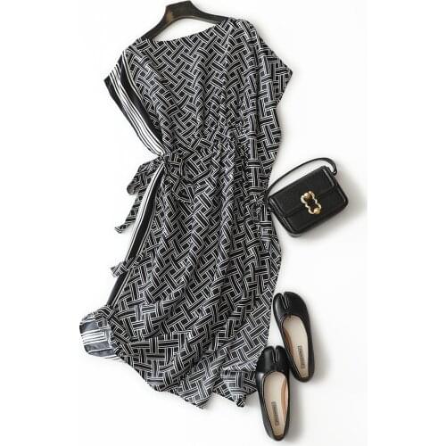 23 momme 100% heavy silk dress 2021 summer new style asymmetric design slash neck geometric pattern lace-up waist