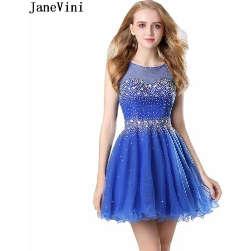 JaneVini Elegant Royal Blue Mini Homecoming Dresses for Girls A Line 2019 O Neck Beaded Backless Tulle Junior Short Formal Dress