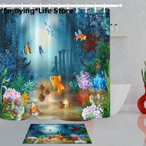 Underwater World of Fish and Plants Shower Curtain Waterproof Shower Curtain Bathroom Bath Mat Fabric Rugs 72 x 72 with 12 Hooks