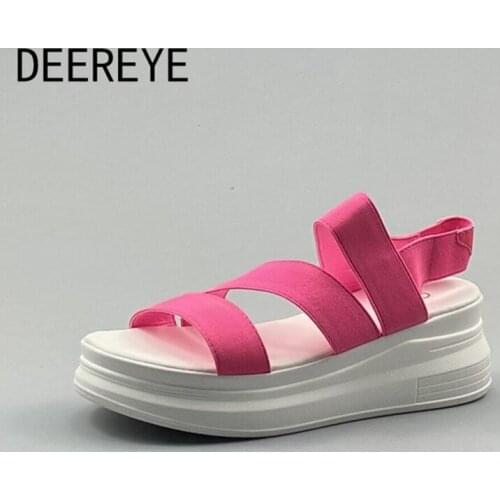 Sweet Korean Womens Roman Elastic Platform Peep Toe Slip On Sandals Luxury Brand Outdoor Beach Comfortable Casual Shoes 2021