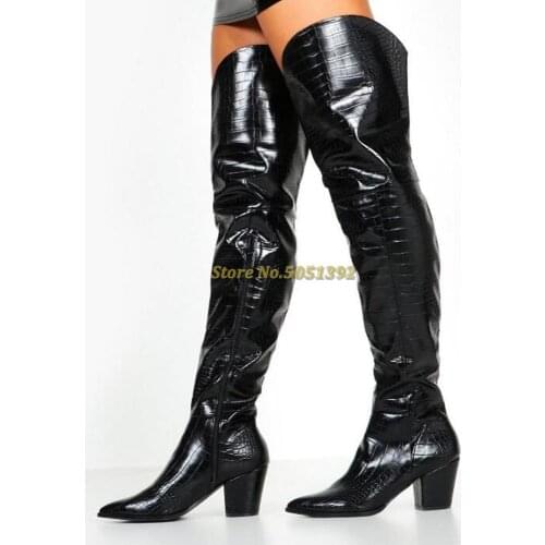 Thigh High Western Boots Black Leather Chunky Heel Over The Knee Women Winter Boots Suede Lining