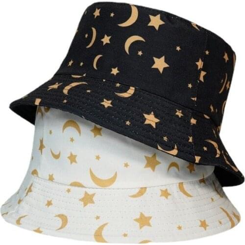 Black White Star Moon Print Bucket Hat Men Hats Women Panama Fisherman Cap