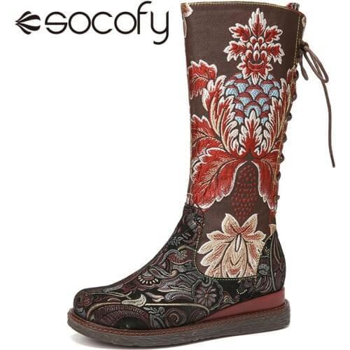 SOCOFY Women Retro Style Boots Floral Embroidery Warm Flannel Lined Mid-calf Boot Shoe Casual Outdoor Shoes Botas Mujer 2020