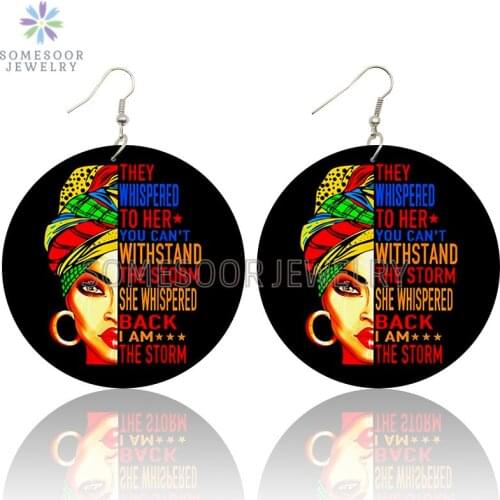 SOMESOOR Vintage Afro Headwrap Large Loops Wooden Drop Earrings Both Sides Printed Black Sayings Pendant Dangle For Women Gifts