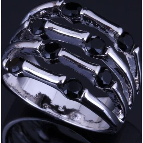 Stylish Black Cubic Zirconia Silver Plated Ring V0561