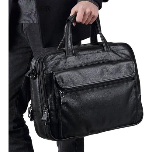 Large Men Leather Handbgs Male Genuine Leather Business Travel Brifcases Bag Mens 15.6 Inch Laptop Shoulder Bag Business A4 Bag
