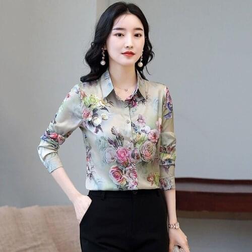 High Quality Satin Silk Blouse Floral Print Korean Elegant Office Ladies Button Up Shirt Spring Summer Women Tops Plus Size 5XL