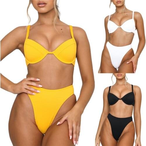 Women High Waist Bikini 2021 New Solid Yellow White Black Female Swimming Suit Sleeveless Tops Bottoms Bikini Set