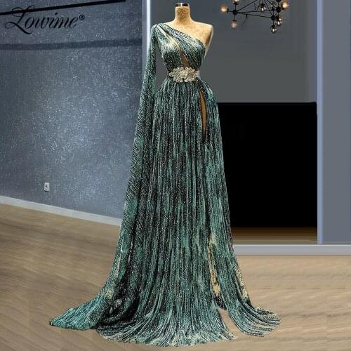 Lowime Green Glitter A Line One Shoulder Party Dress Long Prom Dresses Evening Gowns 2021 Middle East Dubai Women Evening Wear