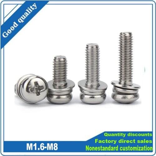 304 Stainless Steel Screw Set Cross Pan Head Round Head Three Set Sping Washers Screw Elastic Flat Gasket M2 M2.5 M3 M4 M5 M6