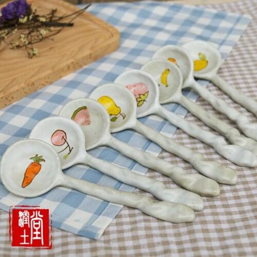 5Pcs Cute Ceramic Fruit Spoons Handmade Small Dessert Ice Cream Coffee Spoon Tableware Kitchen Utensils