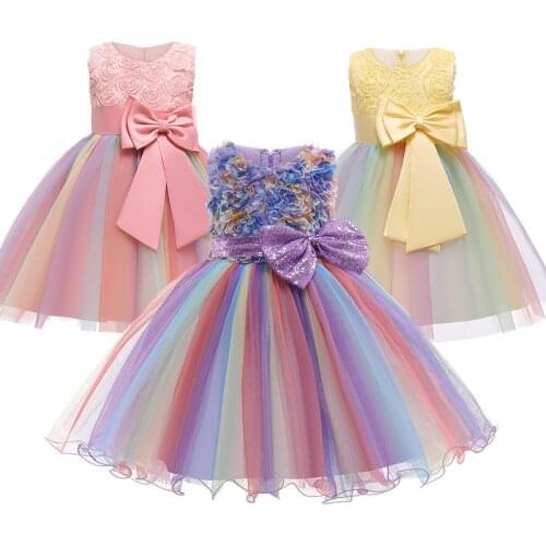 Childrens Girls dress sleeveless bow tie Rainbow Tulle princess Tutu Performance Dress Bowknot Gauze Evening Party Frocks