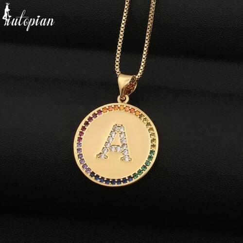 Iutopian Unique Round Colorful CZ Letter A-Z Necklace Couple Jewelry 18K Gold Plated Gift For Her #HX005