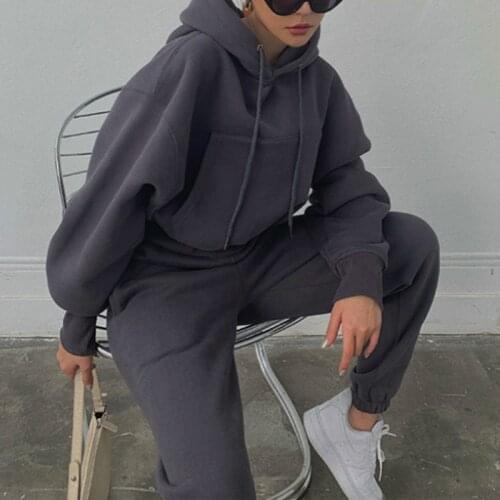 Two Piece Set Women Long Sleeve Hoodies Solid Long Pants Biker Style Sporty Hoody Stretchy Fitness Hooded Female Outfit G2914