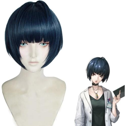 P5 Persona 5 Tae Takemi Short Blue Black Mixed Heat Resistant Hair Cosplay Costume Wig + Wig Cap