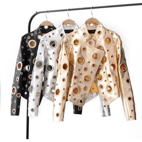 2019 Coats Real Full Spring New Heavy Industry Metal Circle Hollow Pu Leather Shoes Pull The Wind Motorcycle Jacket Punk Female