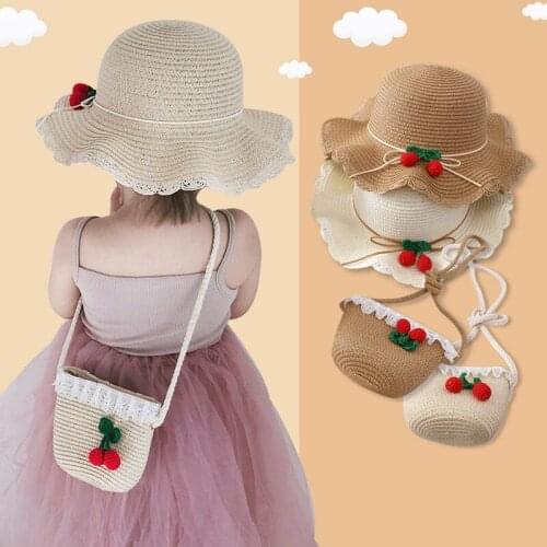 Summer Sun Hat Kids Girls Beach Straw Bucket Hats Set Cute Children Handbag Cap Kids UV Protection Caps For 2-6 Years