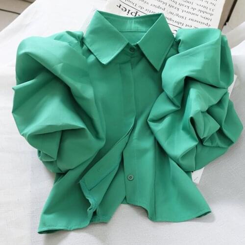 Summer Short Puff Sleeve Turn Down Collar Women Short Blouse Shirt Ladies Shirts Solid Color Women Tops and Blouses