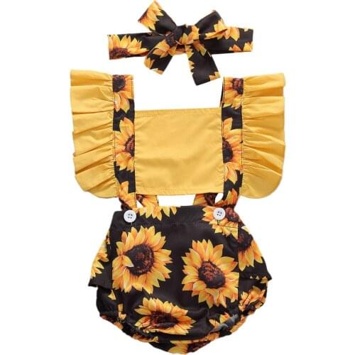 New Baby Sunflower Print One Piece Bodysuit Cute Ruffle Bib Romper with Matching Bowknot Headband
