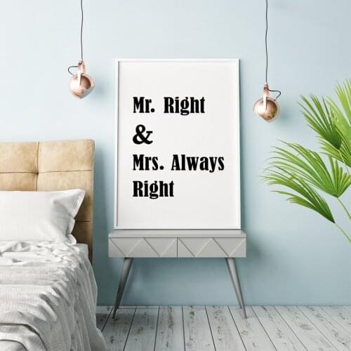 Mr Right and Mrs Always Right Quotes Posters and Prints Wall Art Canvas Painting Modular Wedding Couples Pictures for Bedroom