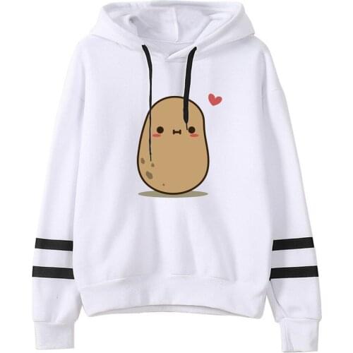 S-XL Fashion Women Pullover Loose Long Sleeve Solid White Striped Cute potato expression Printed Drawstring Sweatshirt Tops худи