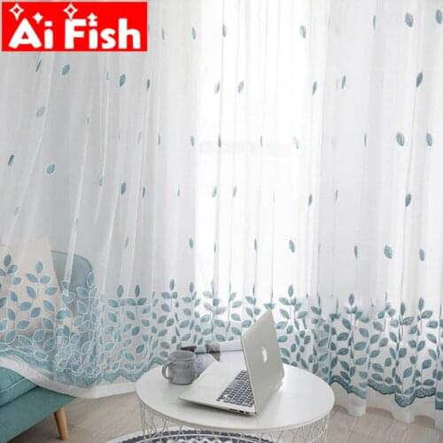 Blue Embroidered Leaves Tulle Door Window Curtain Drape Panel Coffee Lace Bedroom Curtains Sheer Living Room Curtains M099#40