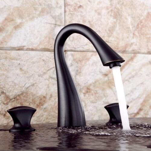 Free ship Modern 3 Hole Brass BLACK Taps Sleek swan Design 8" Widespread Bathroom Vessel Sink Faucet
