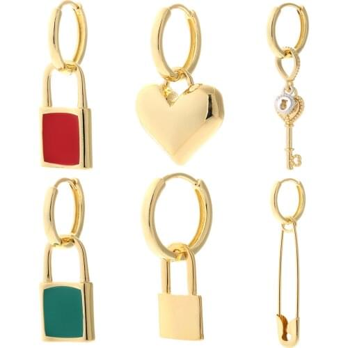 Lock and Key Hoop Earrings for Women Female Gold Love Heart Ear Rings Cute Dangle Earrings Party Wedding Gift New Fashion Korean
