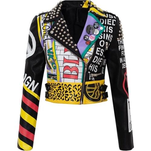 Rivet beading soft pu leather coats Women cartoon Graffiti Leather Jacket Punk Rock Cropped Jackets faux leather Outerwear Y569