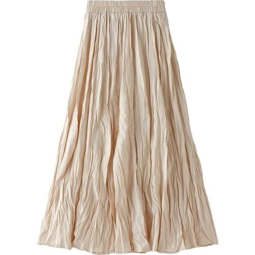 Women Pleated Long Skirt Autumn Winter Solid Color Elastic High Waist A-Line Skirts Fashion Simple Saia Mujer Faldas