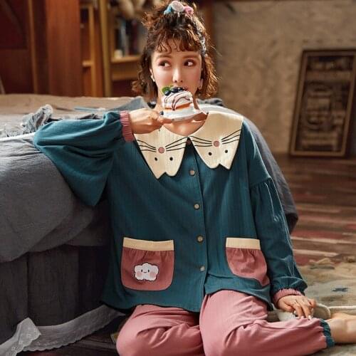 SOUGEN Women Pajamas Autumn Long sleeve Cotton sleepwear Sweet Cute Princess Style Outdoor Women Homewear Sleep Lounge