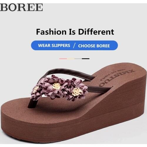 Womens Wedge Slippers Summer Beach Platform Flip Flops Casual Flowers High Heels Comfort Non-Slip Slides For Women Flat Sandals