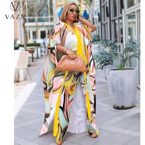 VAZN 2021 New Design Free Size Street Style Sexy Full Sleeve Loose 2 Piece Set Striped Print Women Top And Pant Summer