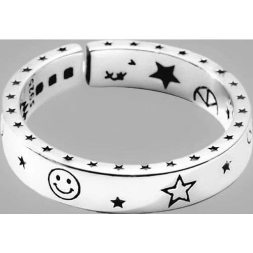 Retro Fashion Moon Star Open Ring Female Ring Jewelry Small Fresh and Old Thai Silver Smiley Ring Modern Fashion Women Jewelry