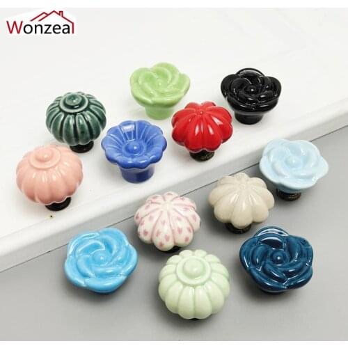 1PCS Pumpkin Ceramic Handles Fower Single Hole Knobs Door Cabinet Dresser Cupboard Wardrobe Pulls With Screws