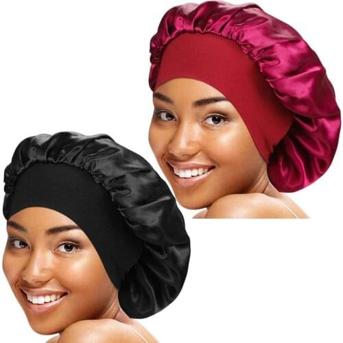 2pcs Night Sleep Cap Women Wide Elastic Satin Wide Brimmed Hair Big Size Silk Sleeping Cap Night Hats Beauty Maintenance