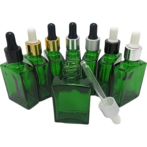 200pcs/lot 30ml Cobalt green flat square glass bottle with aluminum dropper 1oz Empty glass dropper container